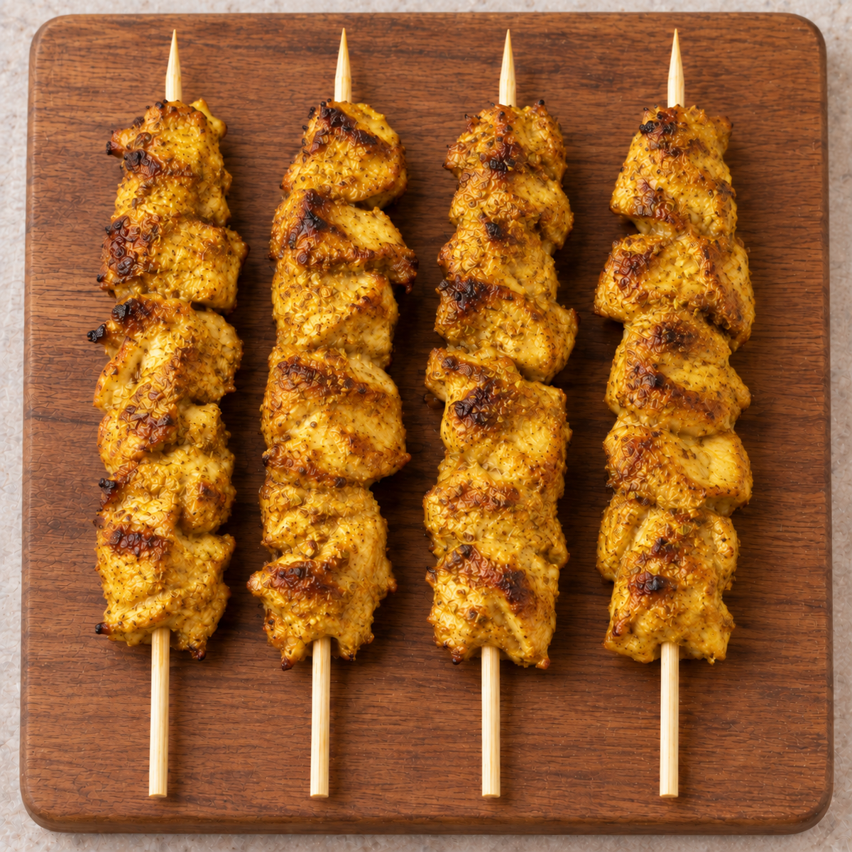 Cooked Large Satay Chicken Kebabs 125g on wooden board – Triple C Poultry