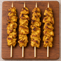 Cooked Large Satay Chicken Kebabs 125g on wooden board – Triple C Poultry