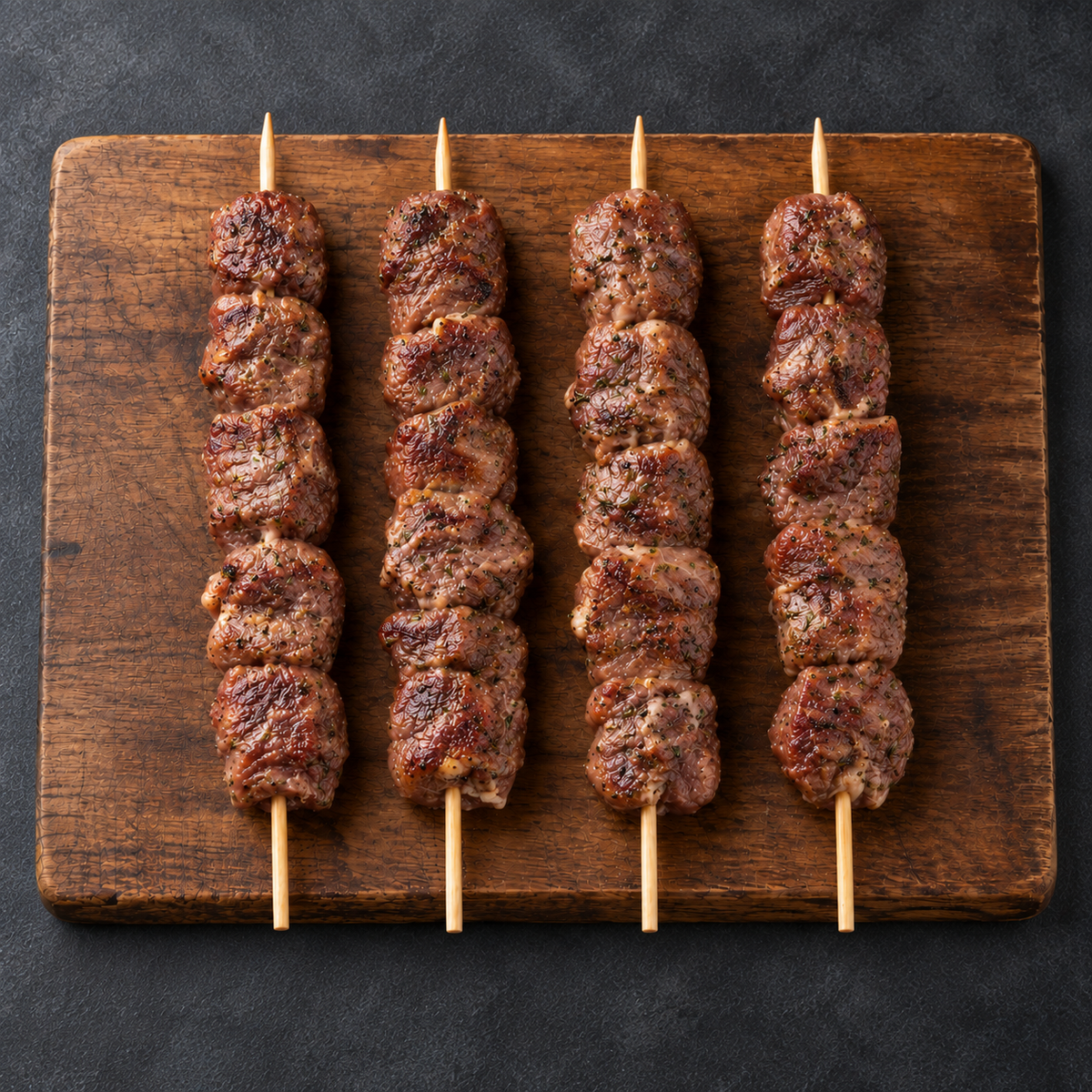 Cooked Large Spiced Lamb Kebabs 120g on wooden board – Triple C Poultry