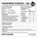 Nutrition information, ingredients, allergens and cooking instructions for Triple C Poultry 120g chicken breast schnitzels, supplied in cartons of 70