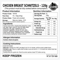 Nutrition information, ingredients, allergens and cooking instructions for Triple C Poultry 120g chicken breast schnitzels, supplied in cartons of 70