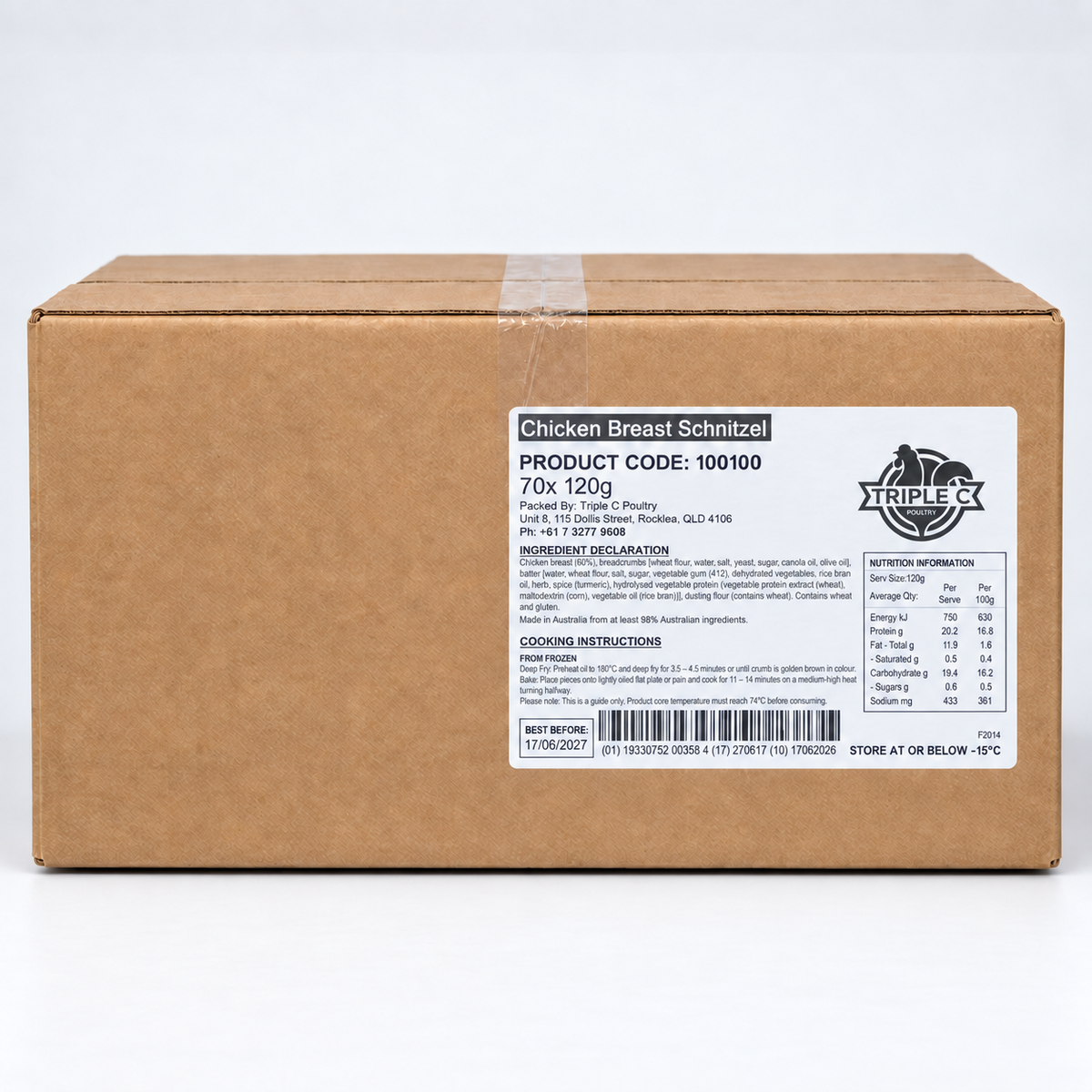 Triple C Poultry carton of 70 × 120g panko crumbed chicken breast schnitzels, showing the product label on the front.