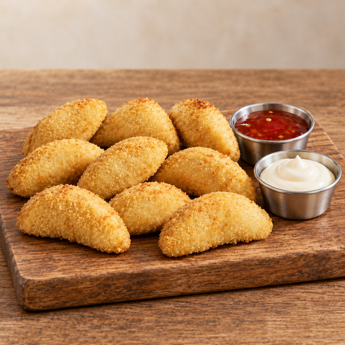 Nine Steggles Chicken Breast Wedges with sweet chilli sauce and mayonnaise on a wooden serving board.