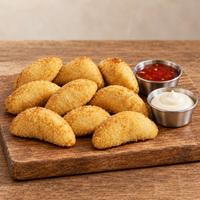 Nine Steggles Chicken Breast Wedges with sweet chilli sauce and mayonnaise on a wooden serving board.