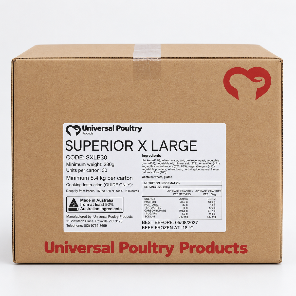 Universal Poultry carton of 30 Superior XL chicken schnitzels, minimum 280g each, showing the product label and nutrition information.