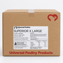 Universal Poultry carton of 30 Superior XL chicken schnitzels, minimum 280g each, showing the product label and nutrition information.