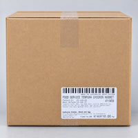 Brown 10kg foodservice carton of frozen tempura chicken breast nuggets with product label.
