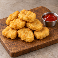 Seven golden tempura chicken breast nuggets piled on a rustic wooden board with a small dish of tomato sauce.