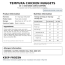 Product information for 10kg tempura chicken nuggets, including pack details, ingredients, nutrition values, storage and allergen information.