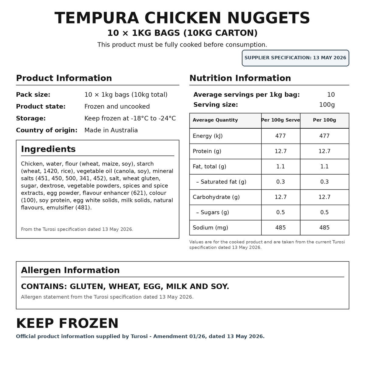 Product information for 10kg tempura chicken nuggets, including pack details, ingredients, nutrition values, storage and allergen information.