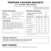 Product information for 10kg tempura chicken nuggets, including pack details, ingredients, nutrition values, storage and allergen information.