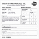 Nutrition, ingredients, allergens and cooking information for frozen par-cooked 200g+ chicken breast schnitzels, supplied in a carton of 25.