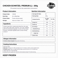 Nutrition, ingredients, allergens and cooking information for frozen par-cooked 200g+ chicken breast schnitzels, supplied in a carton of 25.