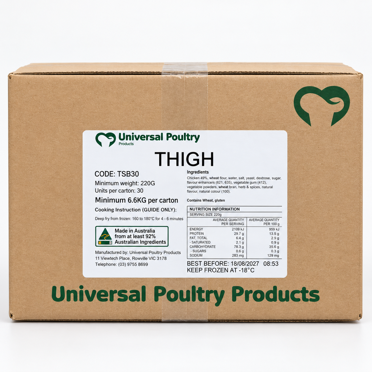 Universal Poultry carton of 30 chicken thigh schnitzels, minimum 220g each, showing the product label and nutrition information.