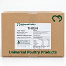 Universal Poultry carton of 30 chicken thigh schnitzels, minimum 220g each, showing the product label and nutrition information.