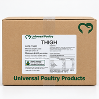 Universal Poultry carton of 30 chicken thigh schnitzels, minimum 220g each, showing the product label and nutrition information.