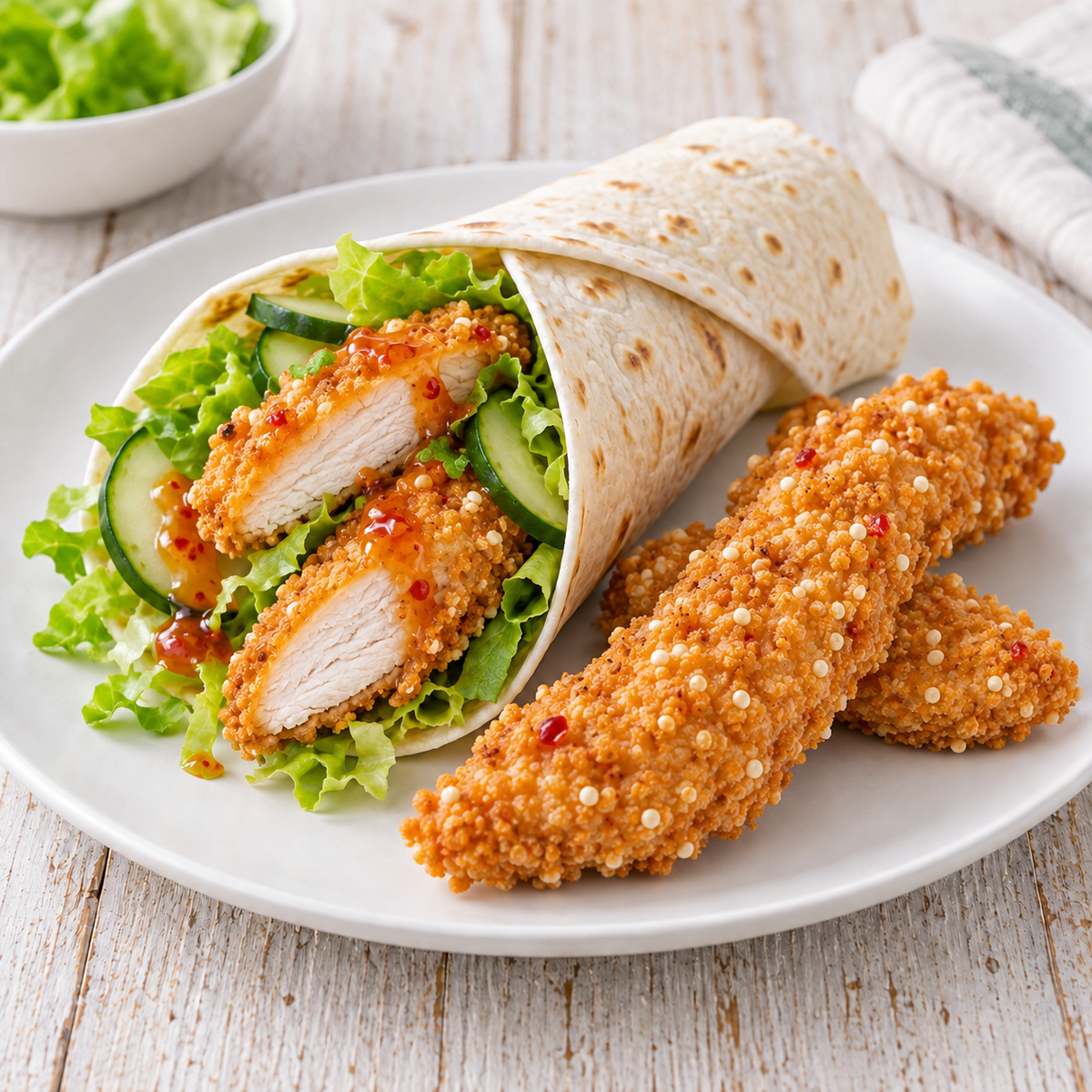 Sweet Chilli Chicken Tenders served in a fresh salad wrap with whole tenders on the side