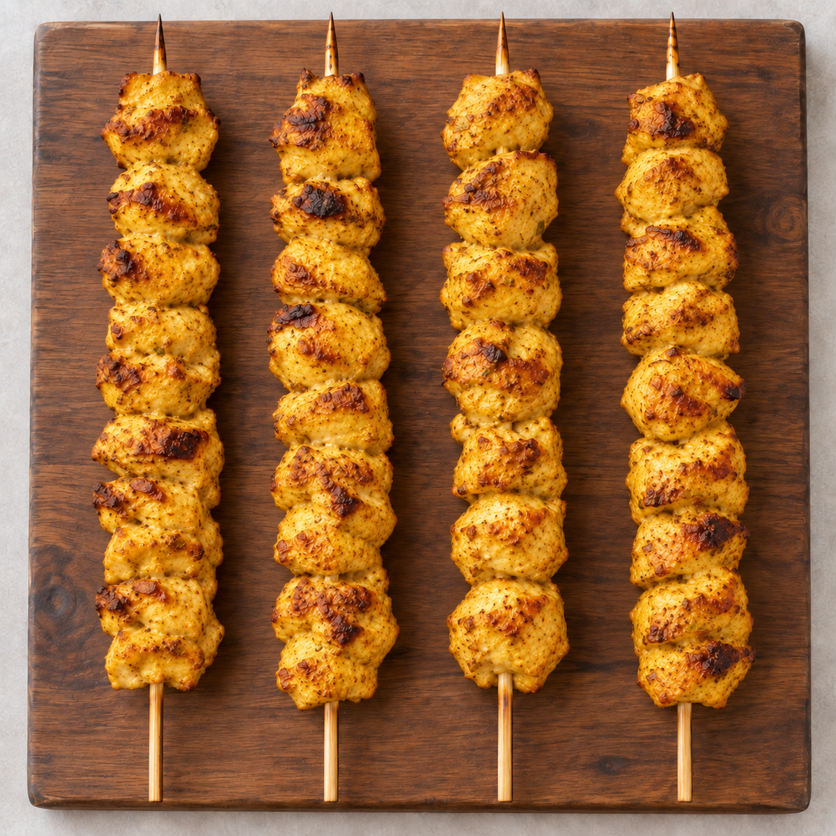 Cooked XL Satay Chicken Kebabs 130g on wooden board – Triple C Poultry